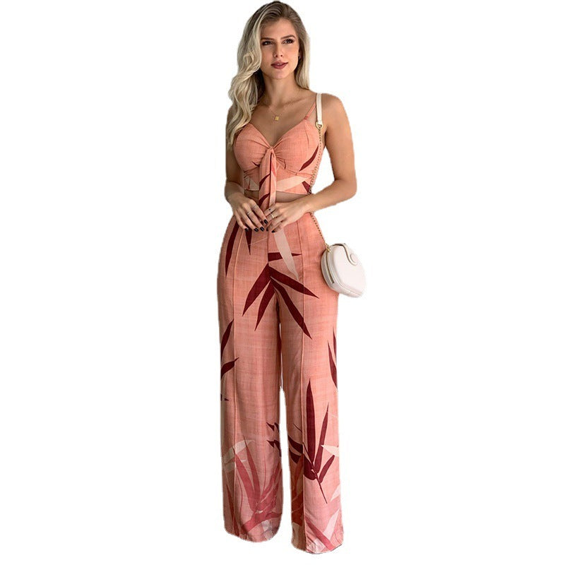 Boho Summer Linen Two Piece Set – V-Neck Vest and Flowy Printed Pants