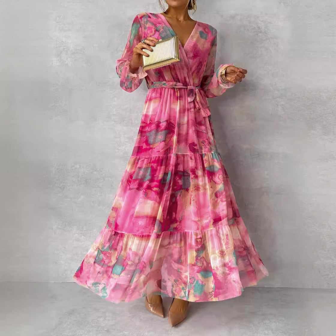 Chiffon Floral Summer Maxi Dress – Pleated High Waist Long Dress