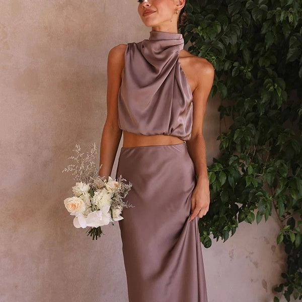 Slim Fit Satin Two-Piece Suit Set for Women