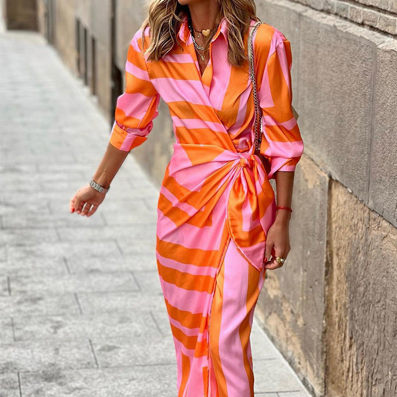 European Style Cardigan Dress – Lace-Up Striped Print