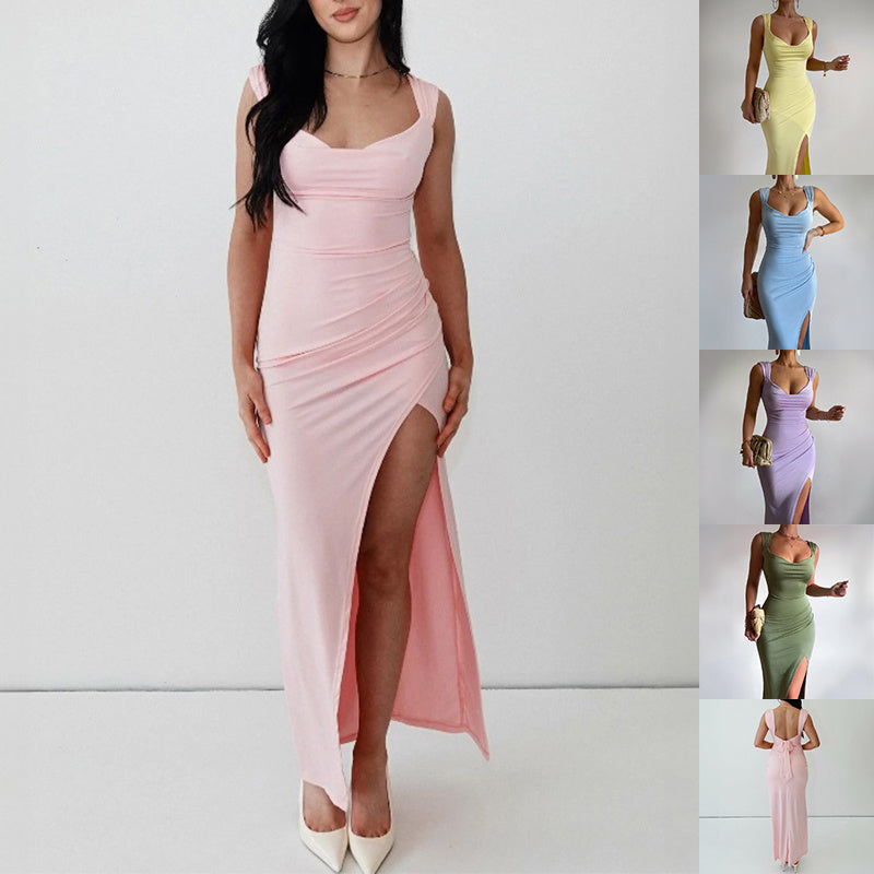 Backless Tie Slit Dress – Sleeveless Slim Summer Outfit