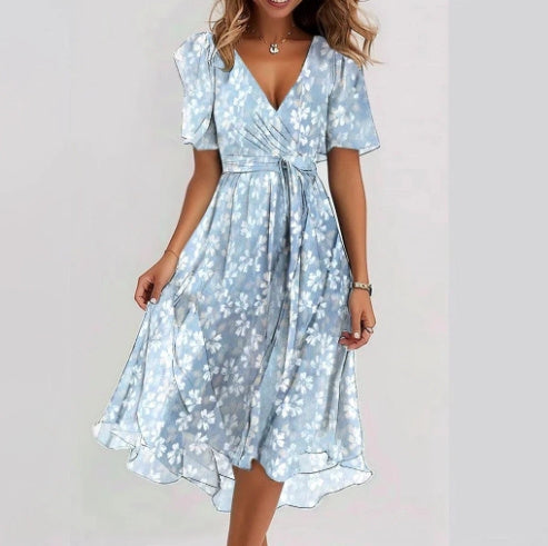 Floral Printed Chiffon Dress – Short Sleeve Summer Style