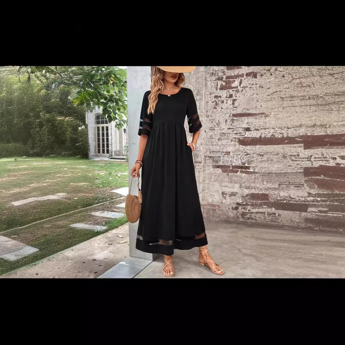Round Neck Mesh Patchwork Dress – Mid Sleeve Pockets Design
