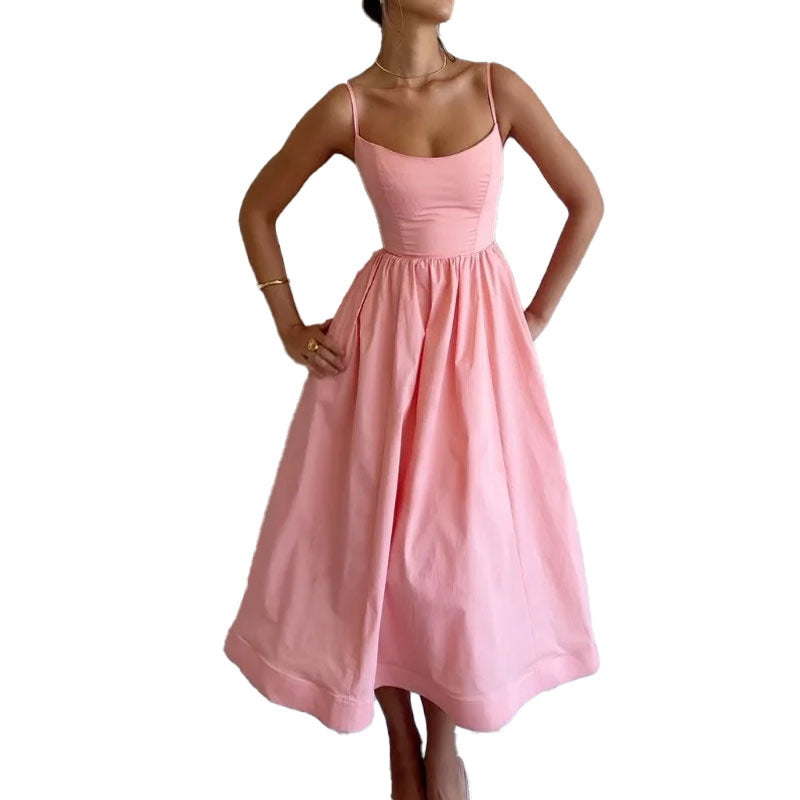 Casual Solid Suspender Dress – Sweet Print Spaghetti Strap Look