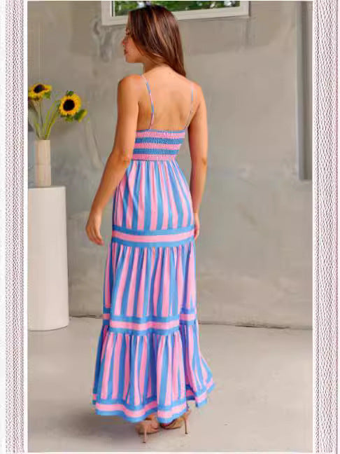 Chic Backless Beach Dress – Square Neck Striped Long Dress