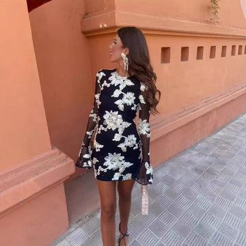 Bell-Sleeve Floral Club Style Slim Fit Mesh Dress